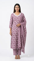 Women Mauve Pink Floral Printed Kurta Set with Dupatta & Pants | Elegant Ethnic Wear