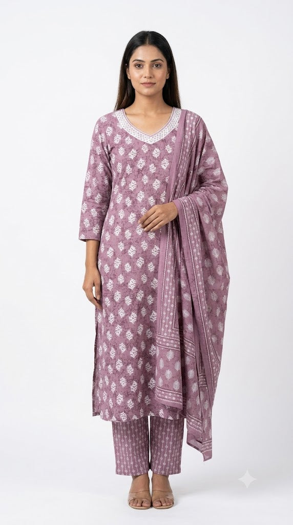 Women Mauve Pink Floral Printed Kurta Set with Dupatta & Pants | Elegant Ethnic Wear