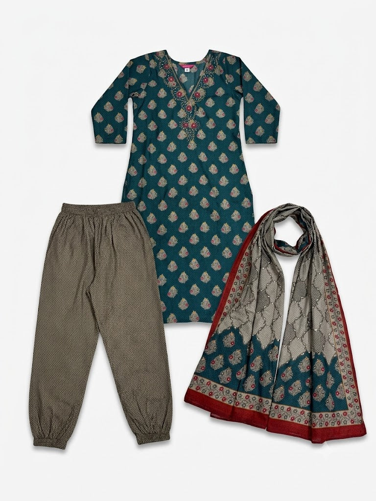 Teal Floral Printed Cotton Kurta Set with Dupatta
